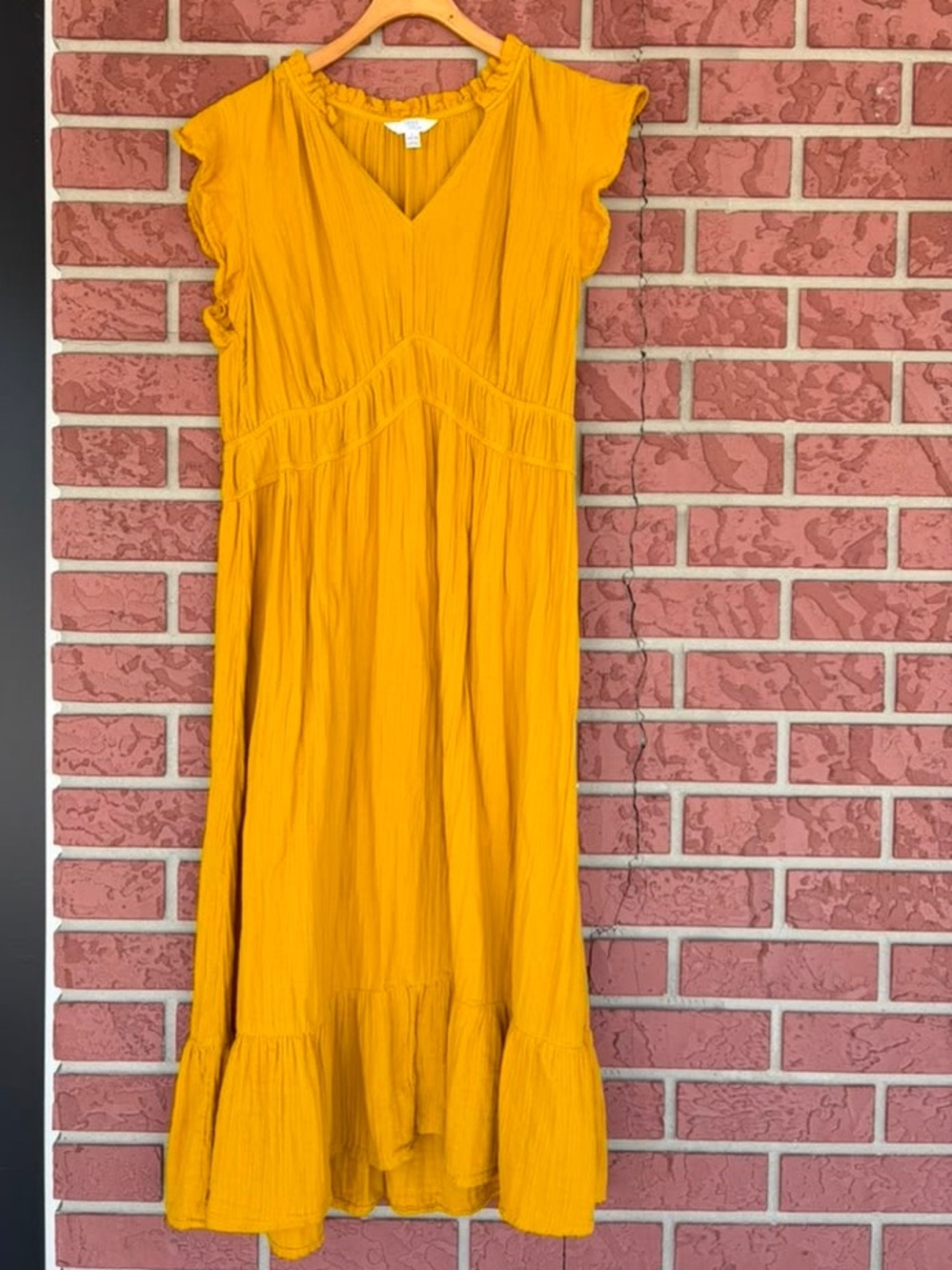 Time and Tru Mustard V-Neck Ruffle Sleeve Maxi Dress